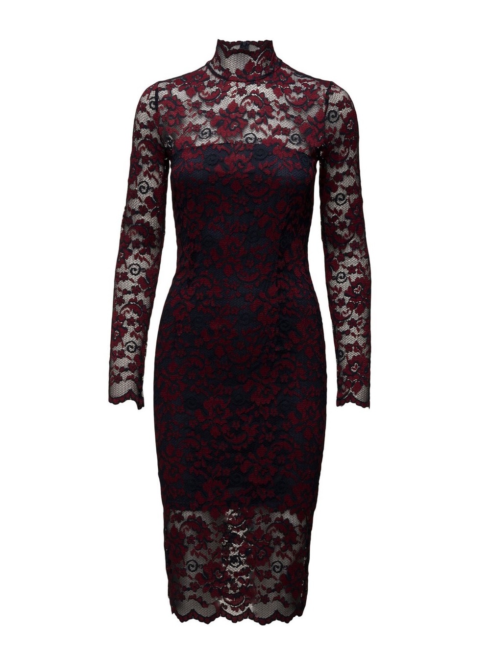 GANNI Flynn high neck midi dress burgundy and navy lace size XS